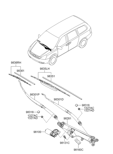 2006 Hyundai Entourage Windshield Wiper Arm Assembly (Passenger) Diagram for 98320-4D000