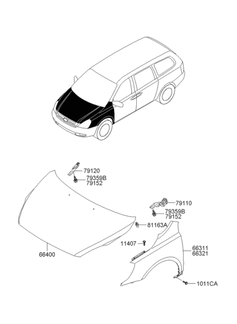 2007 Hyundai Entourage Hood Hinge Assembly Left Hand Diagram for 79110-4J001