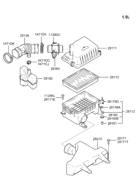 2000 Hyundai Accent Air Flow Sensor Assembly Diagram for 28164-22601