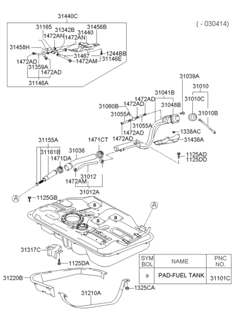 2003 Hyundai Accent Fuel Filler Neck Assembly Diagram for 31041-25720