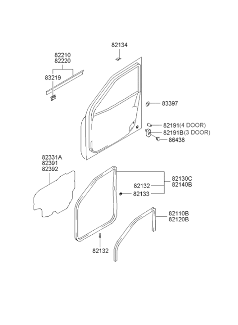 2000 Hyundai Accent Front Door Belt Outside Rh Weatherstrip Assembly Diagram for 82220-25000