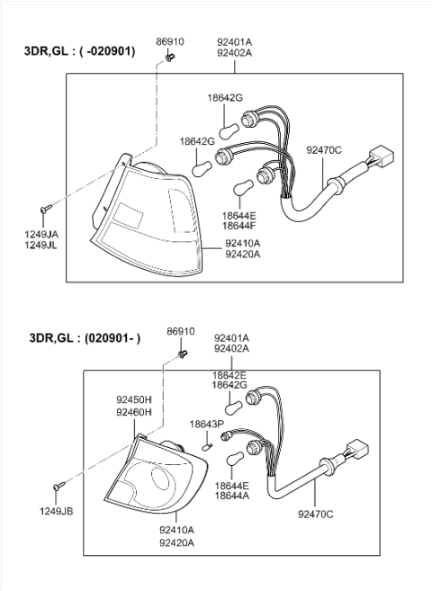 1999 Hyundai Accent Rear Combination Holder & Wiring Diagram for 92490-25700