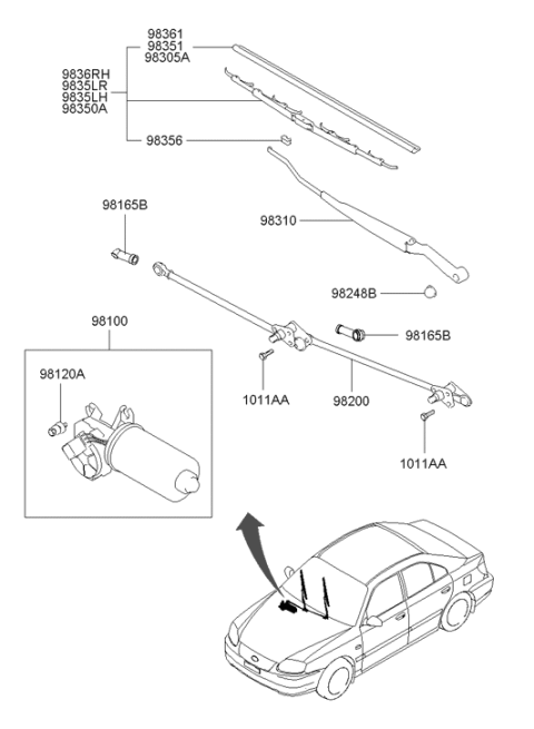 1999 Hyundai Accent Windshield Wiper Linkage Assembly Diagram for 98200-25000