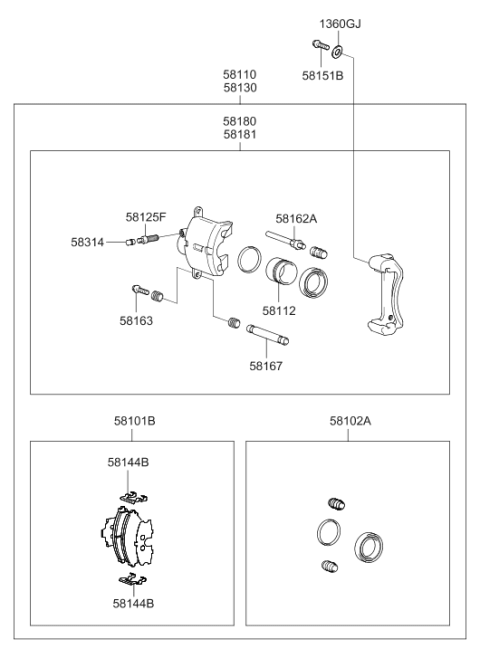 2004 Hyundai Accent Front Brake Caliper Kit Left Hand Diagram for 58180-25A00