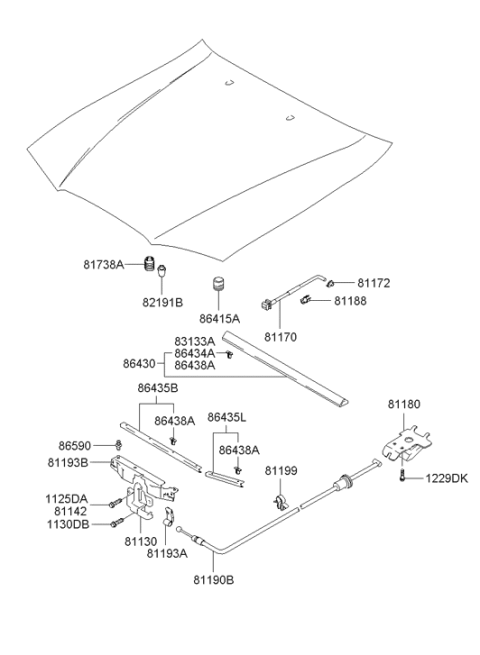 2003 Hyundai Accent Hood Latch Release Cable Assembly Diagram for 81190-25000