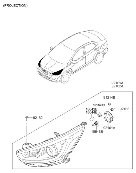 2017 Hyundai Accent Left Headlamp Assembly Diagram for 92101-1R710