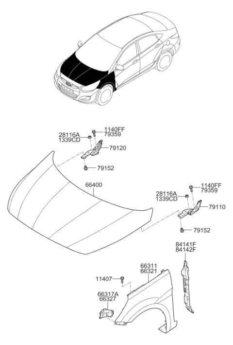 2017 Hyundai Accent Hood Hinge Assembly Right Hand Diagram for 79120-1R000