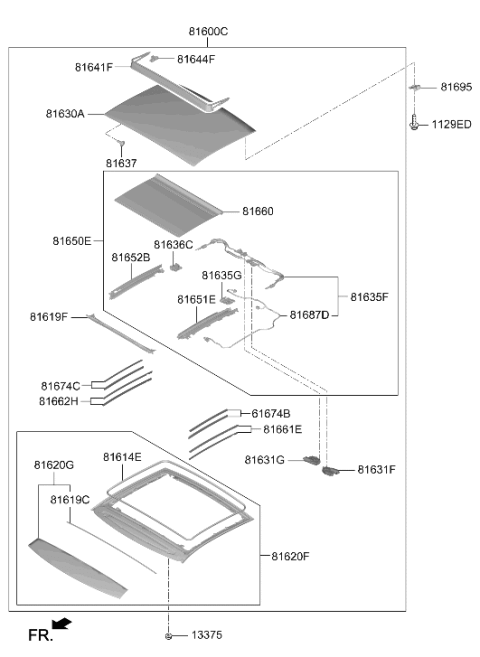 2021 Hyundai Veloster Panorama Roof Frame Assembly Diagram for 81610-J3000