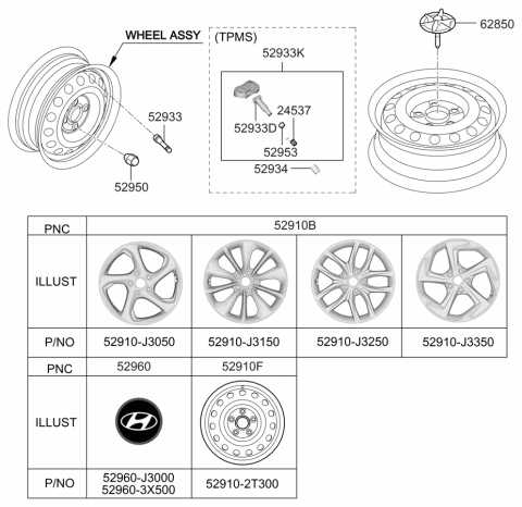 2019 Hyundai Veloster Center Cap Black/Red Diagram for 52960-J3000