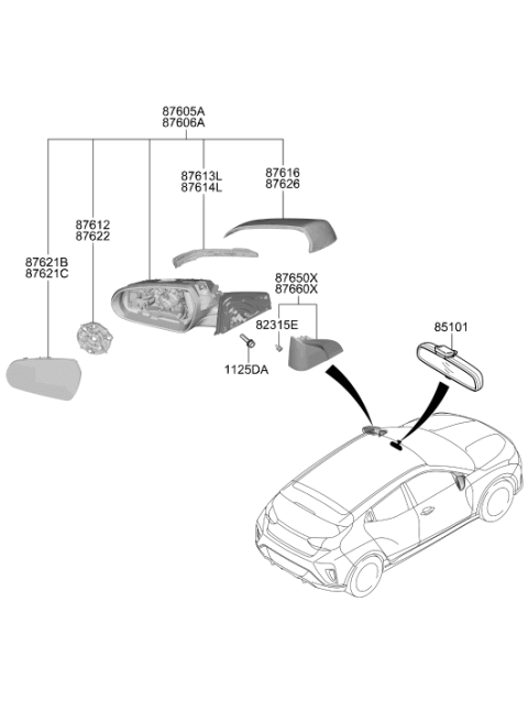 2021 Hyundai Veloster Outside Rear View Mirror Assembly Right Hand Diagram for 87620-J3360