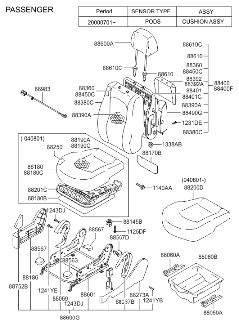 2005 Hyundai Santa Fe Front Passenger Side Seat Back Cover Diagram for 88470-26500-YHB
