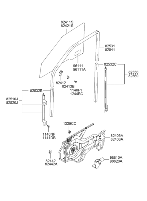 2006 Hyundai Santa Fe Run-Front Door Window Glass RH Lower Diagram for 82533-26000