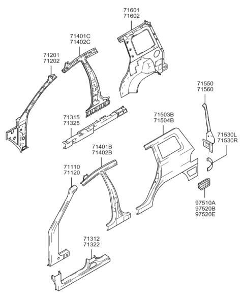 2006 Hyundai Santa Fe Quarter Outer Panel Assembly Left Hand Diagram for 71503-26B10