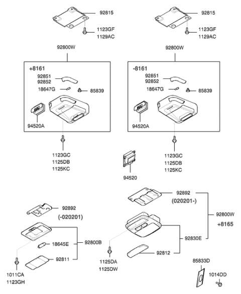 2001 Hyundai Santa Fe Overhead Multi Console Lamp Assembly Diagram for 92800-26300-YH