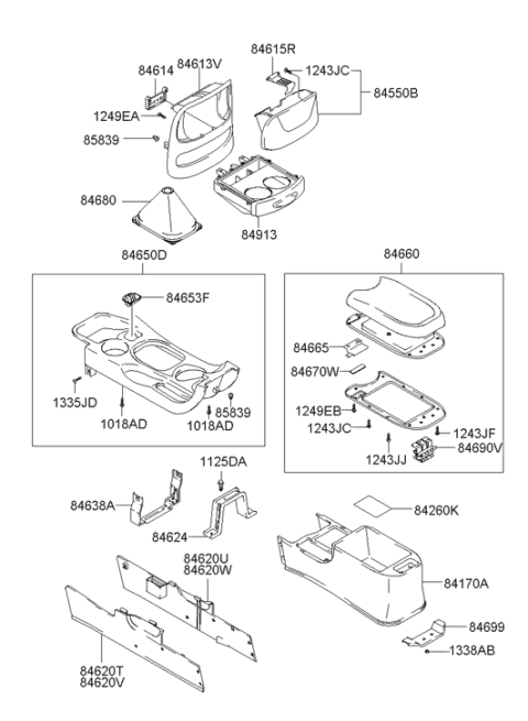2003 Hyundai Santa Fe Console Armrest Assembly Diagram for 84660-26200-YH2