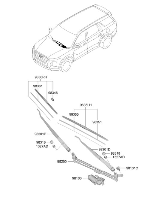 2021 Hyundai Palisade Windshield Wiper Arm Assembly (Passenger) Diagram for 98321-S8000