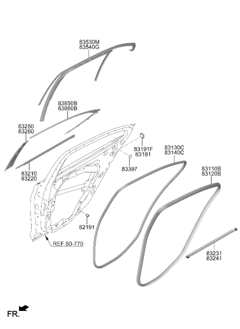 2021 Hyundai Genesis G70 Rear Door Belt Weatherstrip Inside Left Hand Diagram for 83231-G9000