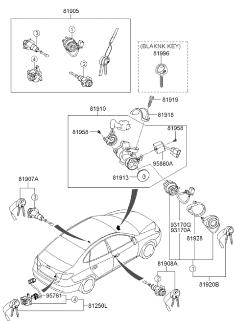 2006 Hyundai Elantra Steering & Ignition Lock Cylinder Assembly Diagram for 81920-2HA00