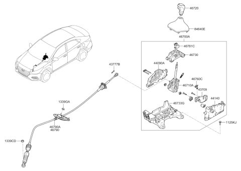 2021 Hyundai Accent Gear Shift Lever Knob Assembly Diagram for 46720-F0100-VCS