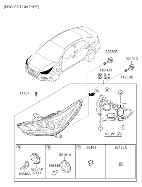 2021 Hyundai Accent Right Headlamp Assembly Diagram for 92102-J0200