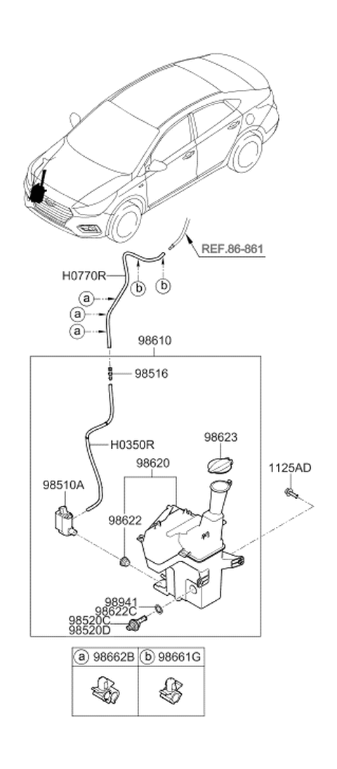 2019 Hyundai Accent Windshield Washer Reservoir Assembly Diagram for 98620-J0000