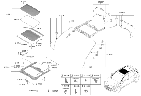 2023 Hyundai Kona Sunroof Sunshade Assembly Diagram for 81666-J9000-TRY