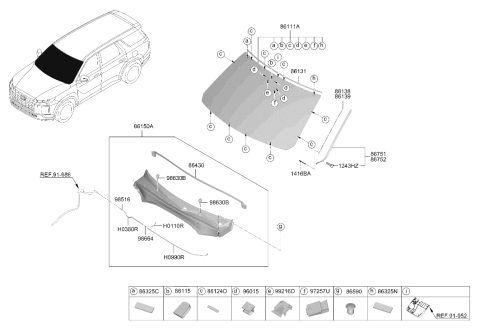 2024 Hyundai Palisade Windshield Glass Diagram for 86111-S8650