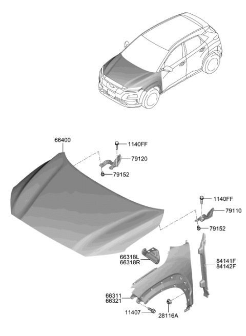 2019 Hyundai Kona Electric Hood Hinge Assembly Right Hand Diagram for 79120-J9000