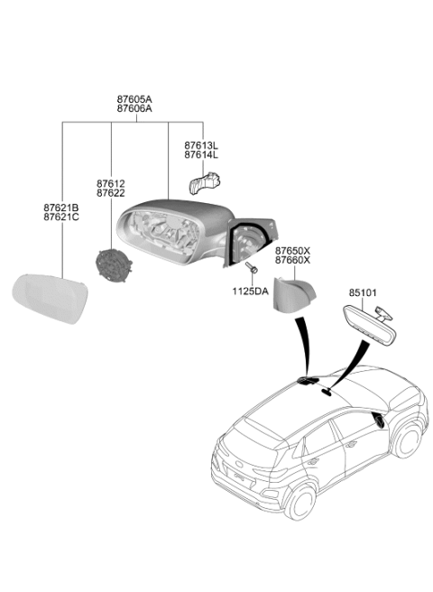 2019 Hyundai Kona Electric Mirror Assembly - Outside Rear View Left Hand Diagram for 87610-J9130-SU8