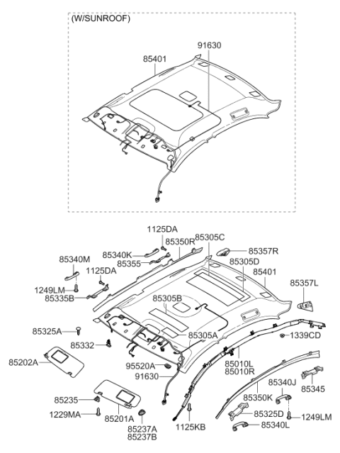 2008 Hyundai Sonata Sun Visor Assembly Left Diagram for 85201-0A750-V2