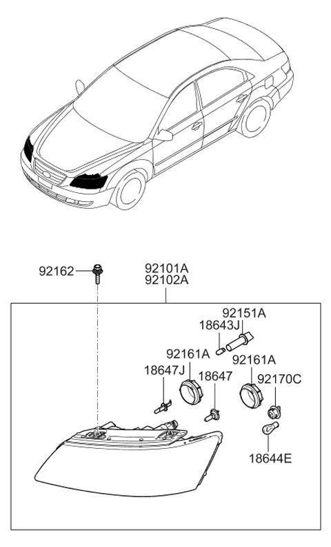 2010 Hyundai Sonata Driver Side Headlight Assembly Composite Diagram for 92101-0A500