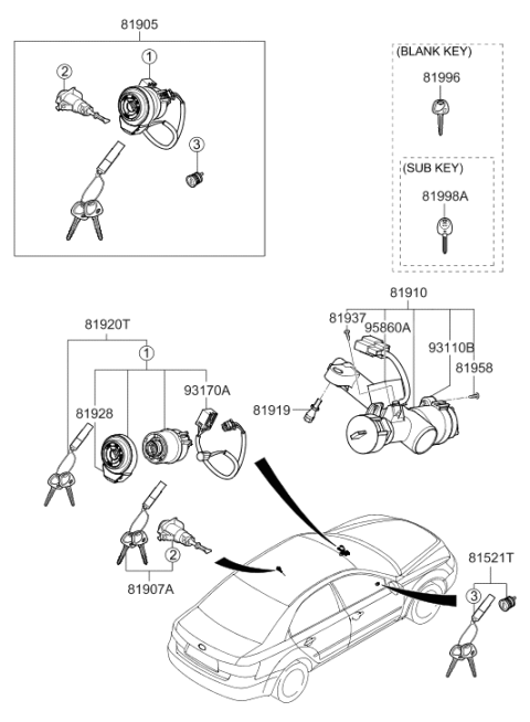 2008 Hyundai Sonata Steering & Ignition Lock Cylinder Assembly Diagram for 81920-3KF01