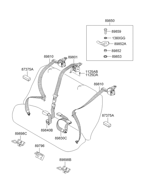 2009 Hyundai Sonata Rear Center Seat Belt Assembly Diagram for 89810-0A520-HZ