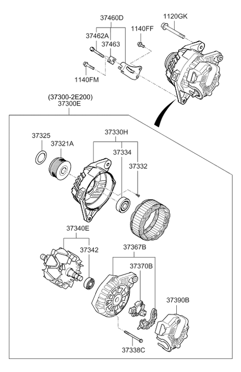 2013 Hyundai Elantra Alternator Assembly Diagram for 37300-2E250