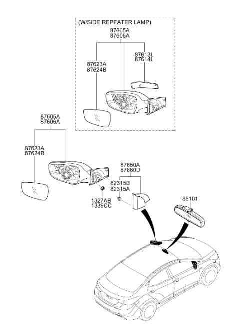 2013 Hyundai Elantra Outside Rear View Mirror Assembly Right Hand Diagram for 87620-3Y000
