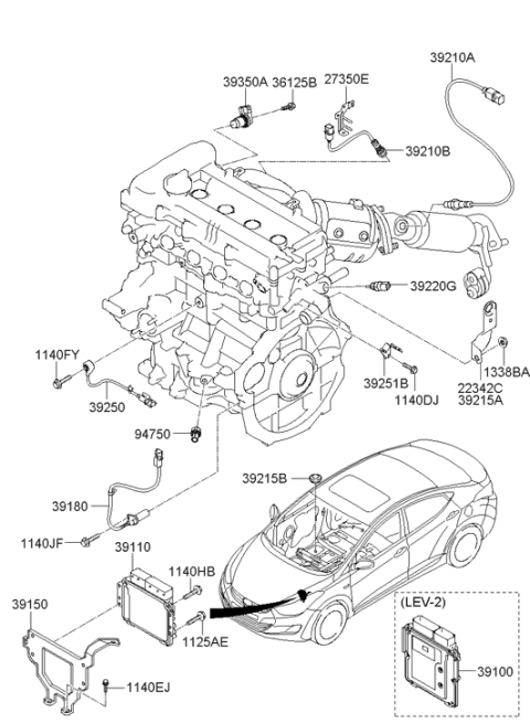 2011 Hyundai Elantra Oxygen Sensor Assembly Diagram for 39210-2E400