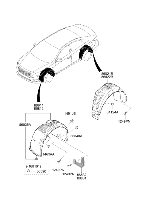 2016 Hyundai Sonata Left Front Wheel Guard Assembly Diagram for 86811-C2000