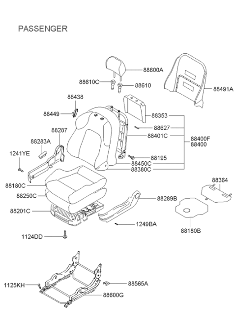 2002 Hyundai Tiburon Front Seat Back Passen Frame Assembly Diagram for 88401-2C010