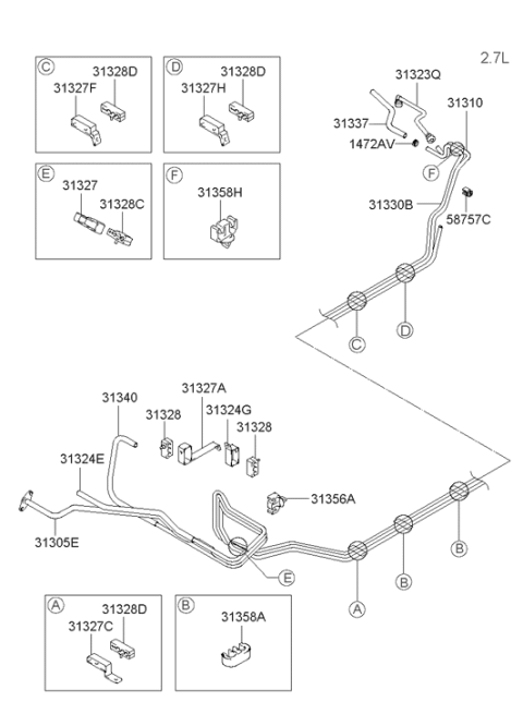 2004 Hyundai Tiburon Fuel Tube Clamp Diagram for 31327-2C000