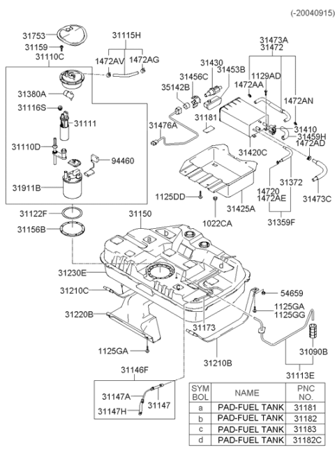 2003 Hyundai Tiburon Fuel Tank Band Assembly Left Hand Diagram for 31210-2C500