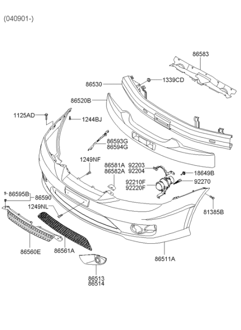 2003 Hyundai Tiburon Front Hood Lower Grille Diagram for 86561-2C500