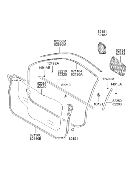 2003 Hyundai Tiburon Front Outside Door Belt Weatherstrip Assembly Left Hand Diagram for 82210-2C000