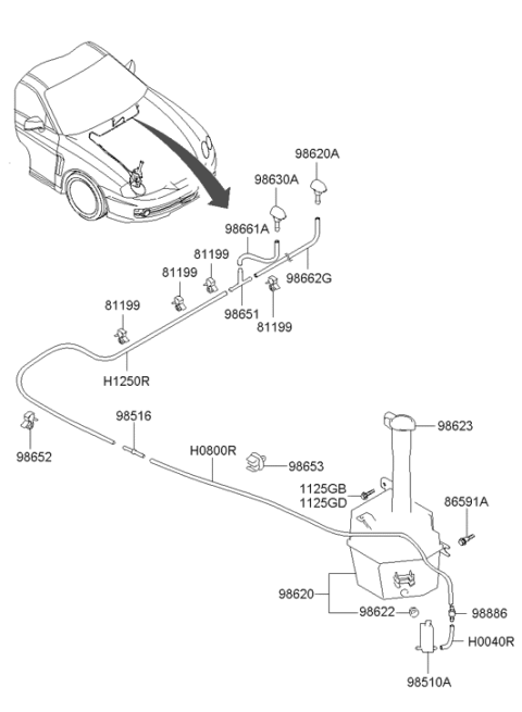 2001 Hyundai Tiburon Windsheild Washer Nozzle Assembly Diagram for 98630-2C700