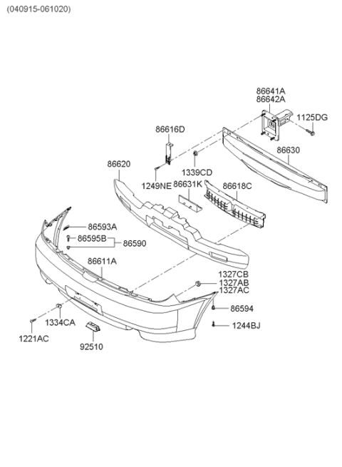 2005 Hyundai Tiburon Rear Bumper Cover Diagram for 86610-2C011