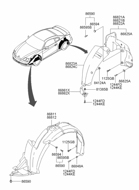 2002 Hyundai Tiburon Left Front Wheel Guard Assembly Diagram for 86811-2C010