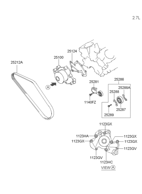 2005 Hyundai Tiburon Coolant Pump Assembly Diagram for 25100-23020