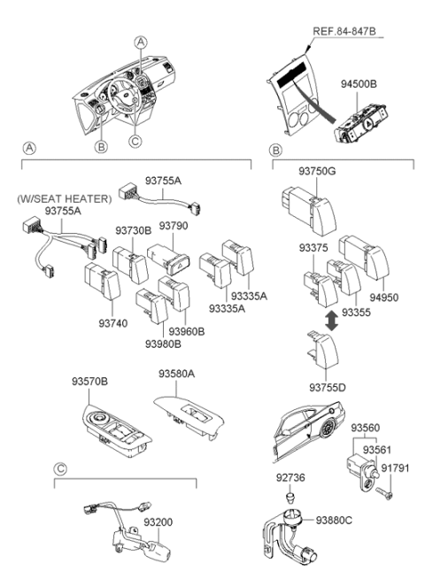 2002 Hyundai Tiburon Power Window Main Switch Assembly Diagram for 93570-2C200-CA