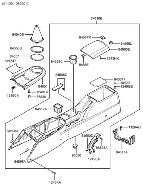 2005 Hyundai Tiburon Floor Console Assembly Diagram for 84610-2C150-LK