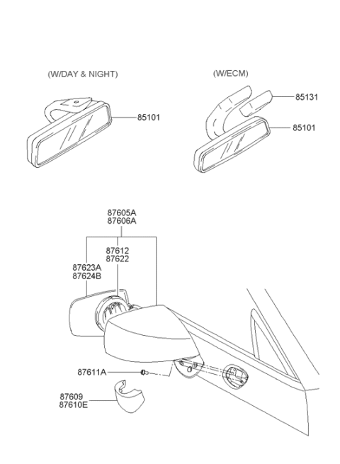 2004 Hyundai Tiburon Outside Rear View Mirror Assembly Right Hand Diagram for 87620-2C700