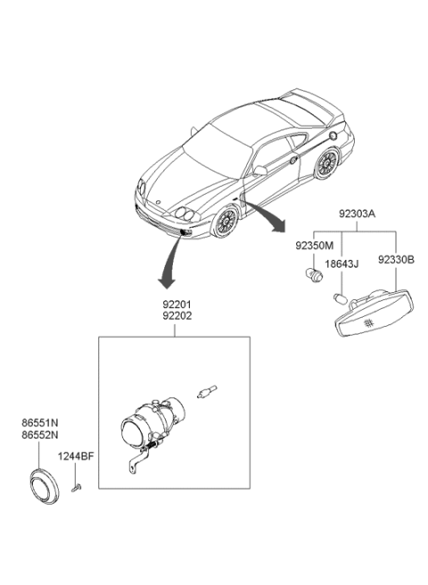2001 Hyundai Tiburon Side Repeater Bulb Holder Assembly Diagram for 92550-2C000